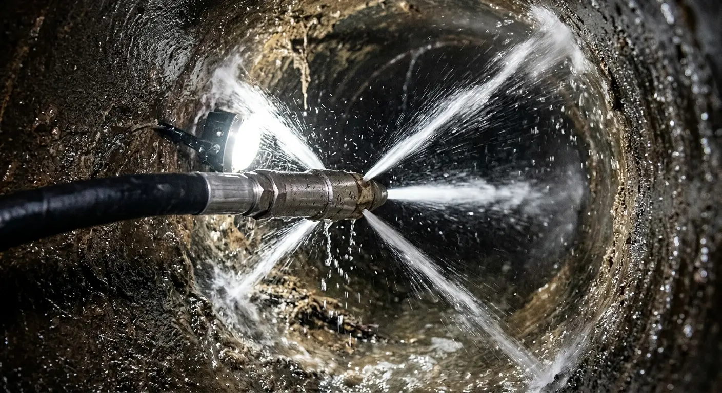 High-pressure hydro jetting nozzle cleaning sewer pipe for Trenchless Sewer Repair in East Moline