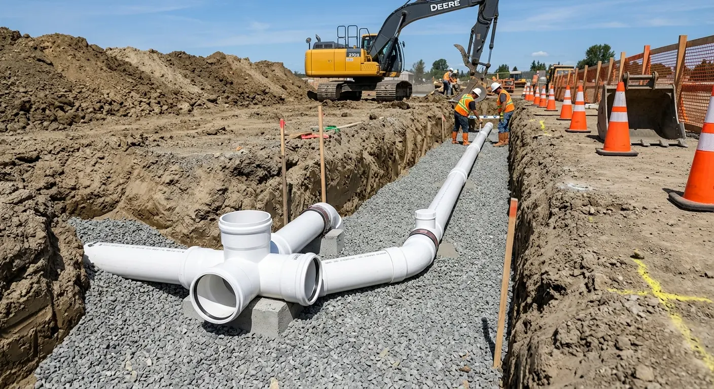New PVC sewer pipe installation in open trench for Sewer Backup in East Moline