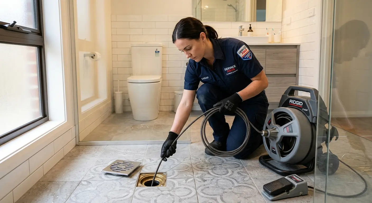Technician clearing a bathroom floor drain for Drain Repair in East Moline